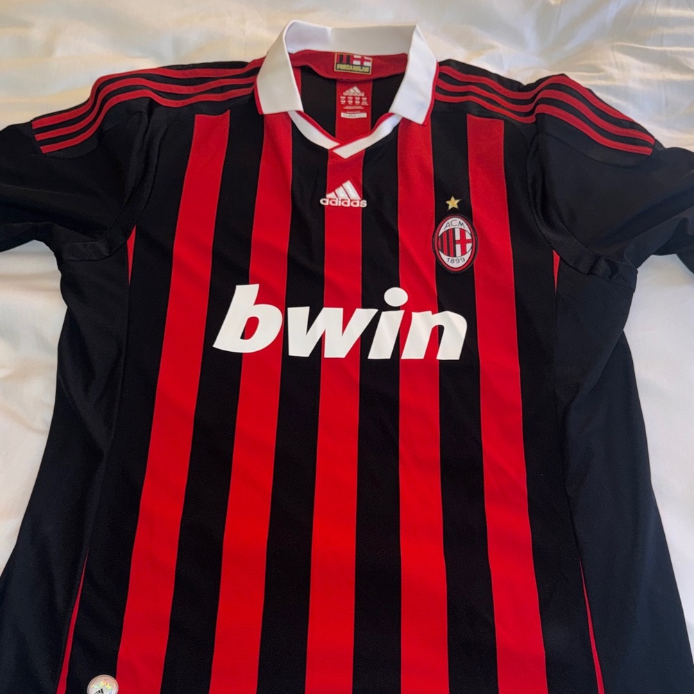 AC Milan Adidas Black and Red Striped Soccer Jersey - 2009 / 2010